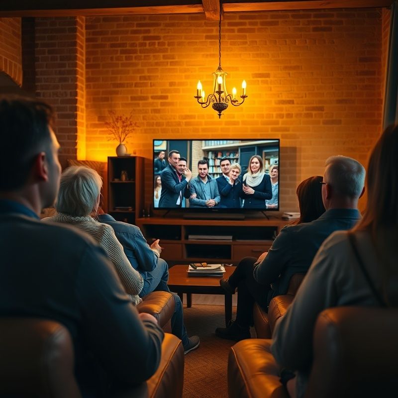 Grupa oglądająca reality show na dużym ekranie w bursztynowym świetle